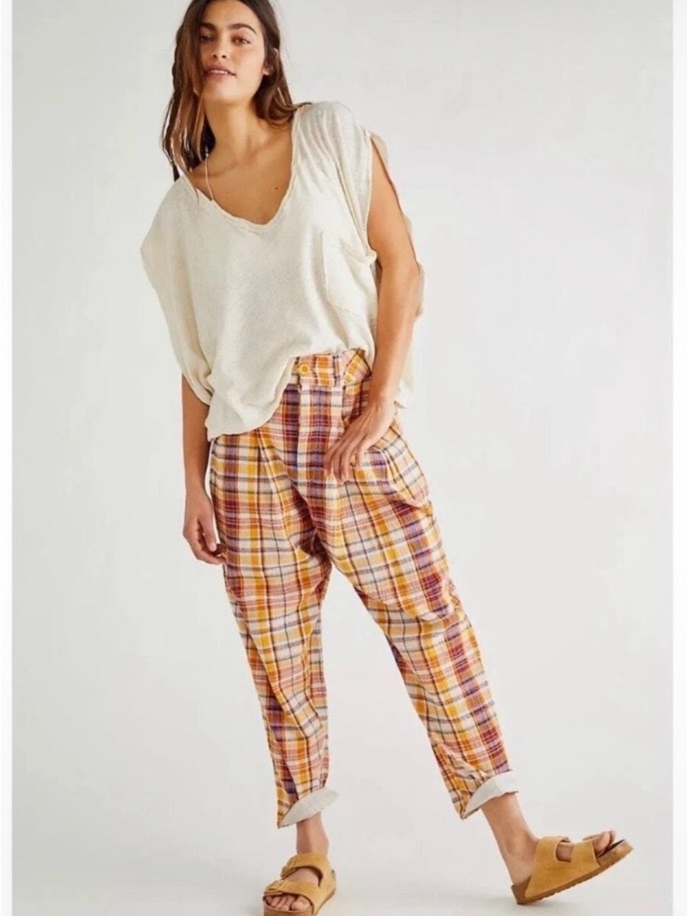 Free People Yellow Plaid High-Waist Relaxed Trousers